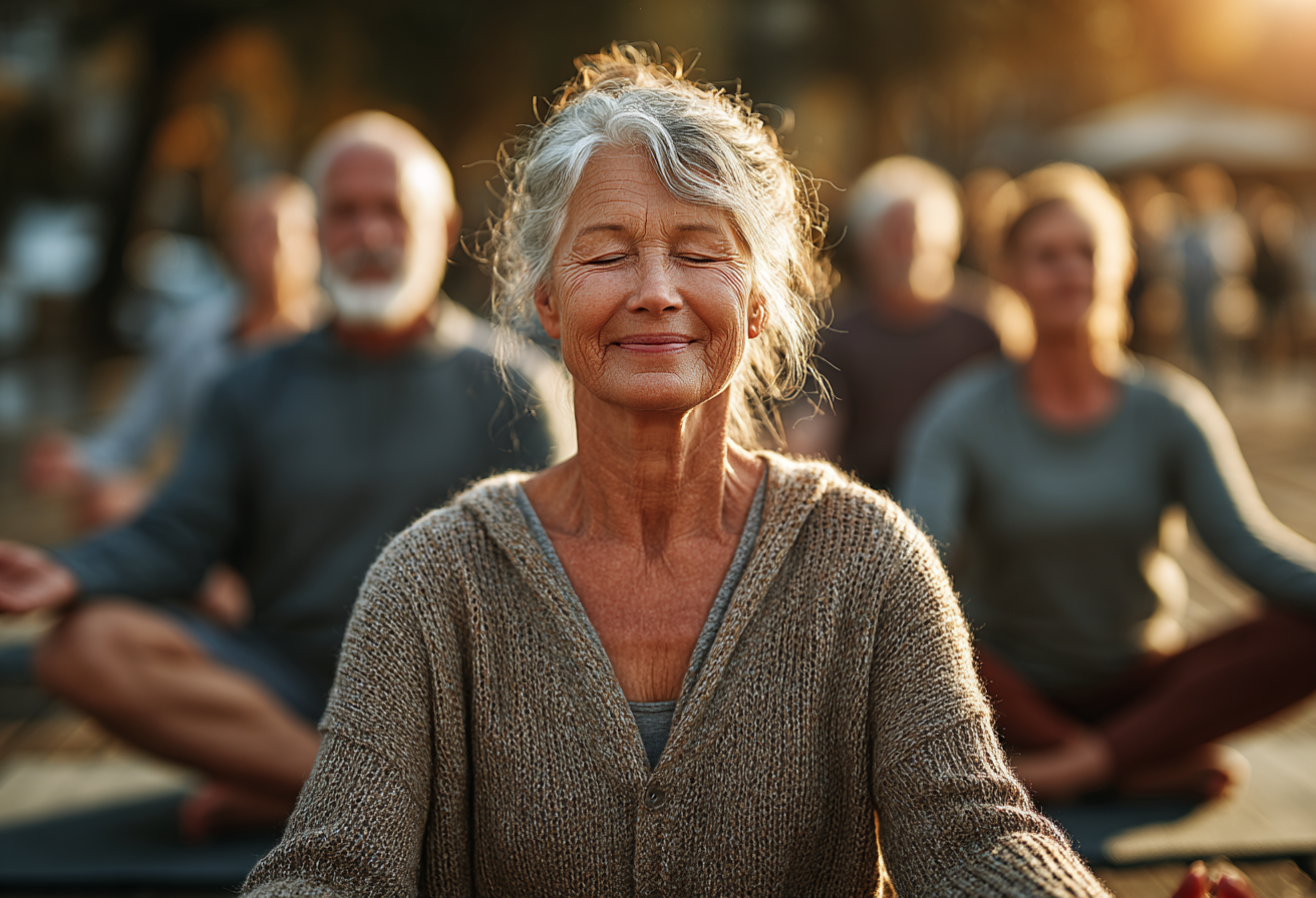 Persoane mature practicând yoga în natură